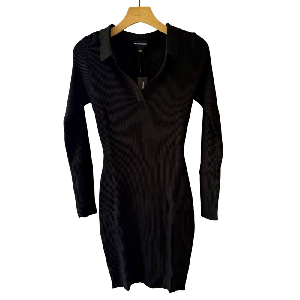 PrettyLittleThing Black Mini Dress Size 6 Ribbed Knit Bodycon Long Sleeve Preppy - Picture 10 of 10